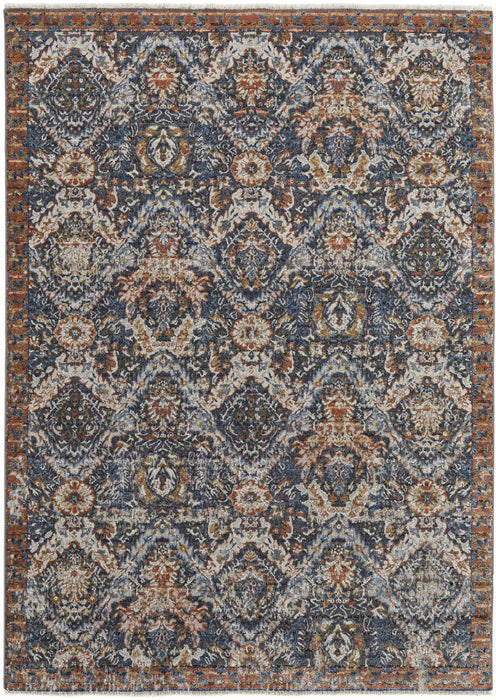 8' x 10' Floral Power Loom Area Rug With Fringe - Blue Orange And Ivory