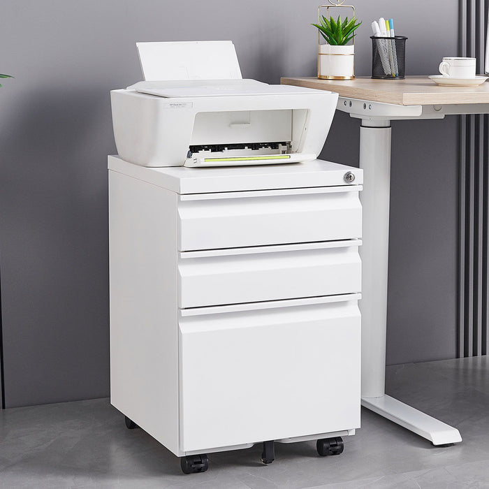 Giga contemporary metal filing cabinet with three drawers, lockable office storage for legal and letter size documents.
