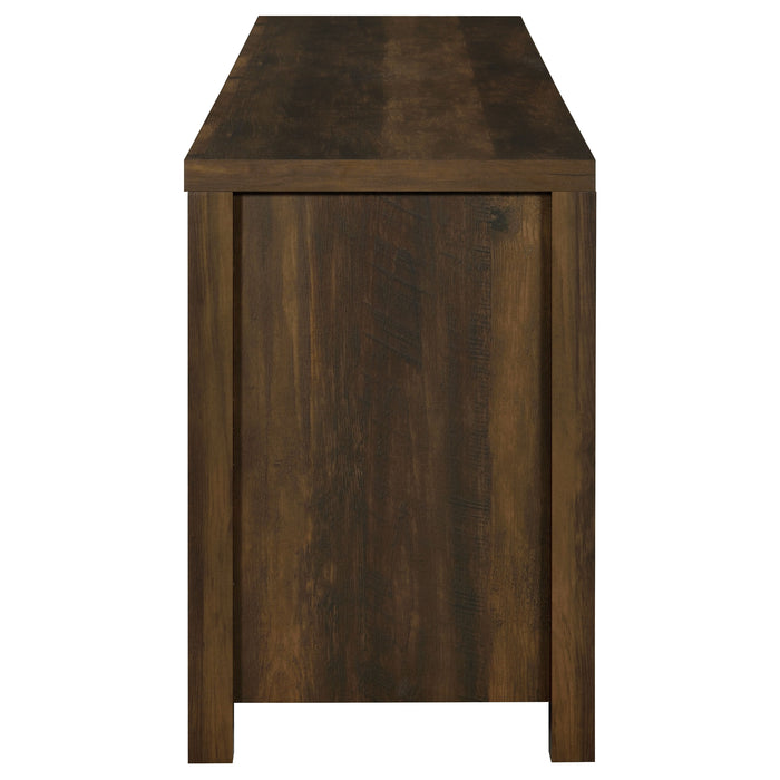 CoasterEssence Madra 2-door 79-inch TV stand in dark pine engineered wood with open shelving