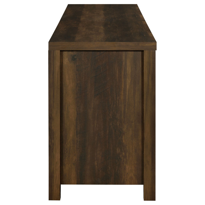 CoasterEssence Madra 2-door engineered wood 79-inch TV stand in dark pine with open shelving