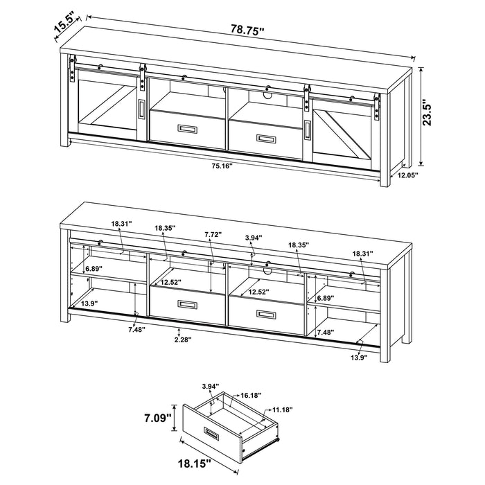 CoasterEssence Madra 2-door 79-inch TV stand in dark pine engineered wood with open shelving