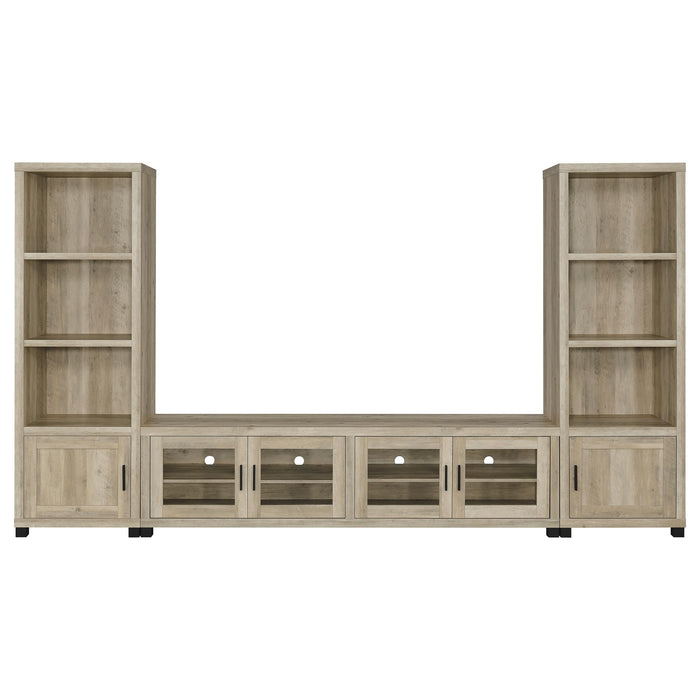 CoasterEveryday Sachin 3-piece 79-inch TV entertainment center in antique pine with shelves and cabinets for media storage.