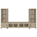 CoasterEveryday Sachin 3-piece 79-inch TV entertainment center in antique pine with shelves and cabinets for media storage.