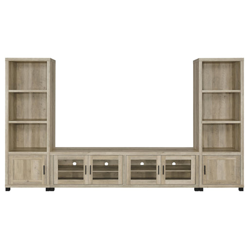 CoasterEveryday Sachin 3-piece 79-inch TV entertainment center in distressed pine with storage cabinets