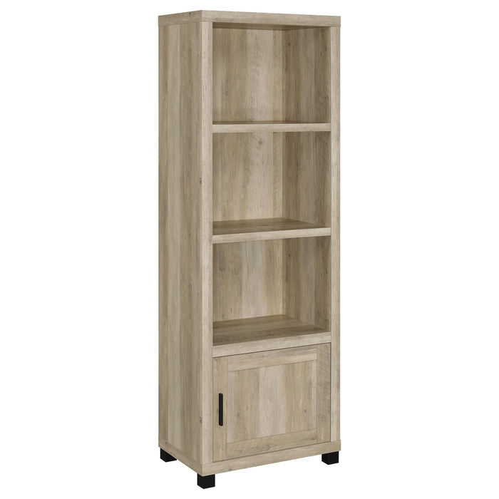 CoasterEveryday Sachin 3-piece 79-inch TV entertainment center in antique pine wood with open shelves and storage compartments.