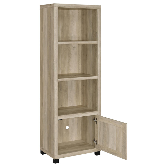 CoasterEveryday Sachin 3-piece 79-inch TV entertainment center in antique pine wood with storage cabinets and open shelving.