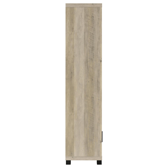 CoasterEveryday Sachin 3-piece 79-inch TV entertainment center in antique pine wood with open shelves and storage cabinets.