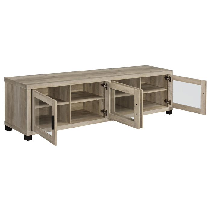 CoasterEveryday Sachin 3-piece 79-inch TV entertainment center in antique pine wood with shelves and storage compartments.