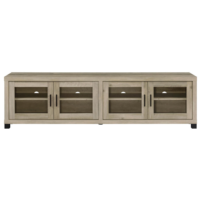 CoasterEveryday Sachin 3-piece 79-inch TV entertainment center in antique pine with shelves and storage compartments.