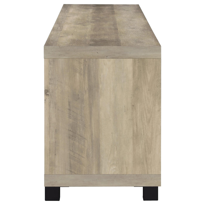 CoasterEveryday Sachin 3-piece 79-inch TV entertainment center in antique pine wood with storage compartments and open shelving.
