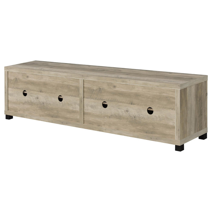 CoasterEveryday Sachin 3-piece 79-inch TV entertainment center in antique pine finish, featuring open shelves and storage cabinets.