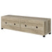 CoasterEveryday Sachin 3-piece 79-inch TV entertainment center in antique pine finish, featuring open shelves and storage cabinets.