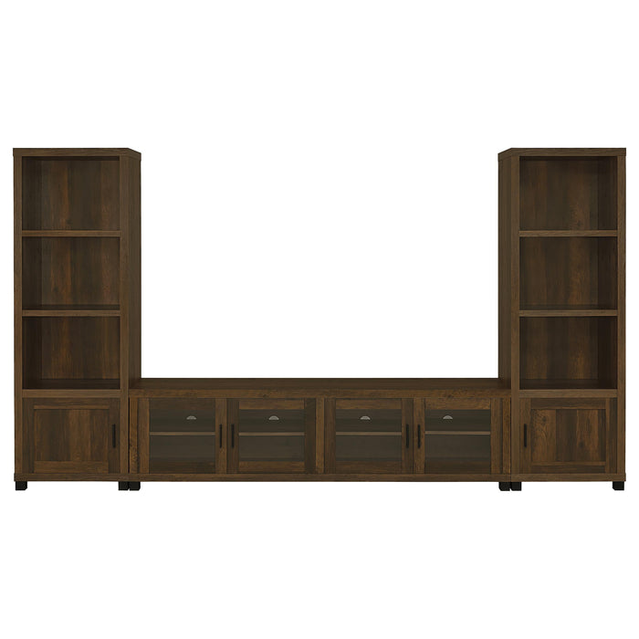 CoasterEveryday Sachin 3-piece dark pine TV entertainment center with shelves and cabinets for modern living room storage.