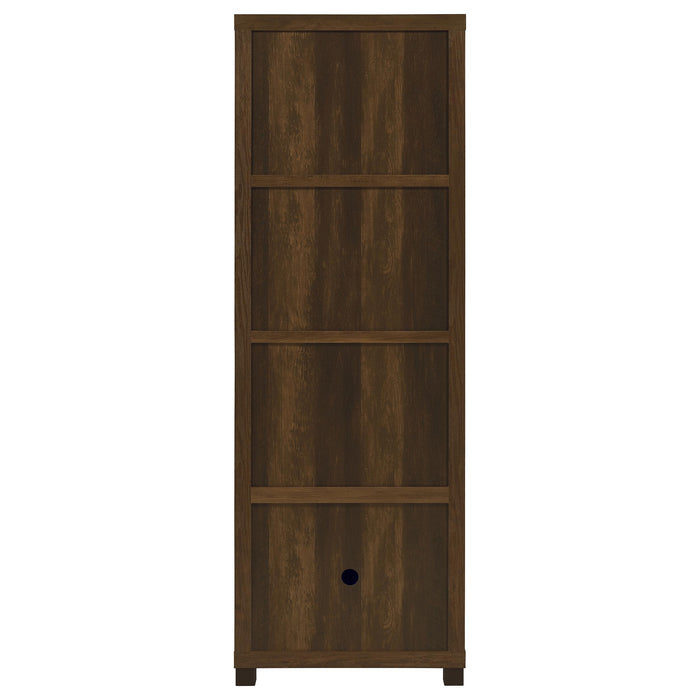 Dark pine 3-piece Sachin TV entertainment center from CoasterEveryday, featuring open shelves and storage compartments in a modern furniture design.