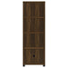 Dark pine 3-piece Sachin TV entertainment center from CoasterEveryday, featuring open shelves and storage compartments in a modern furniture design.