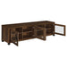Dark pine 3-piece TV entertainment center by CoasterEveryday featuring spacious shelves and cabinets for media storage.