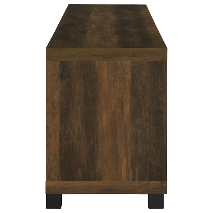 CoasterEveryday Sachin 3-piece 79-inch TV entertainment center in dark pine with shelves and storage compartments.