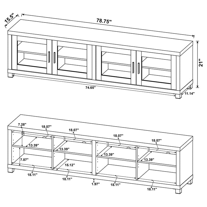 Dark pine 4-door engineered wood TV stand with a sleek design, featuring ample storage and modern style.