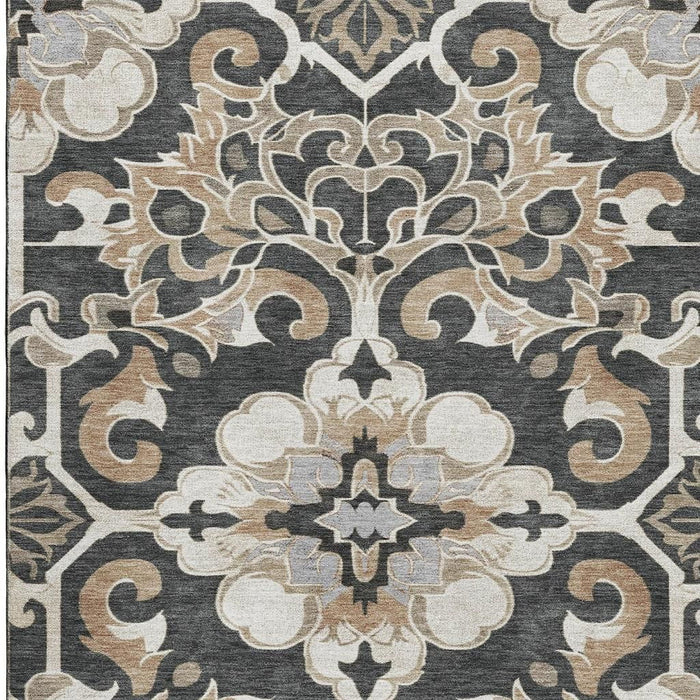10' X 14' Floral Medallion Washable Area Rug With UV Protection (709066) - Charcoal / Taupe / Ivory