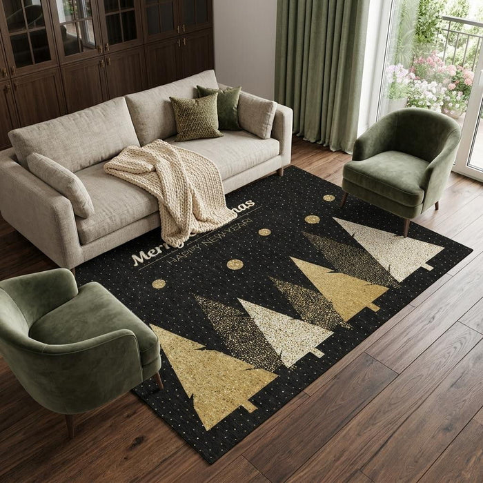 9' X 12' Christmas Tree Washable Area Rug With UV Protection (646468) - Black / Gold / Ivory