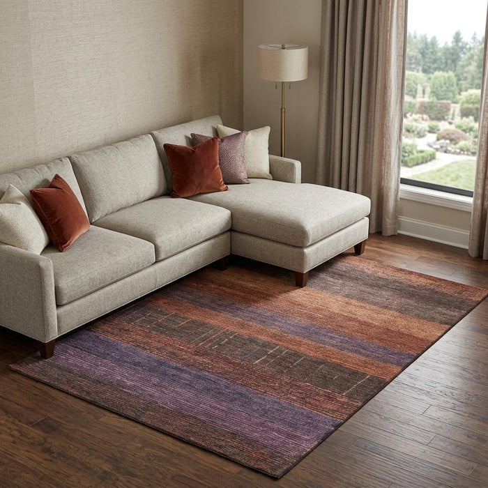 10' X 14' Striped Washable Area Rug With UV Protection (694484) - Rust / Eggplant / Terra Cotta