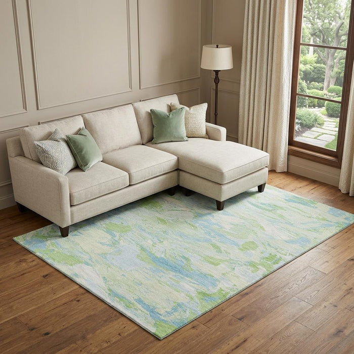 10' X 14' Abstract Washable Area Rug With UV Protection (693132) - Mint Green / Sky Blue / Ivory