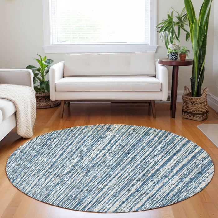 8' Striped Washable Round Rug With UV Protection - Blue And Ivory