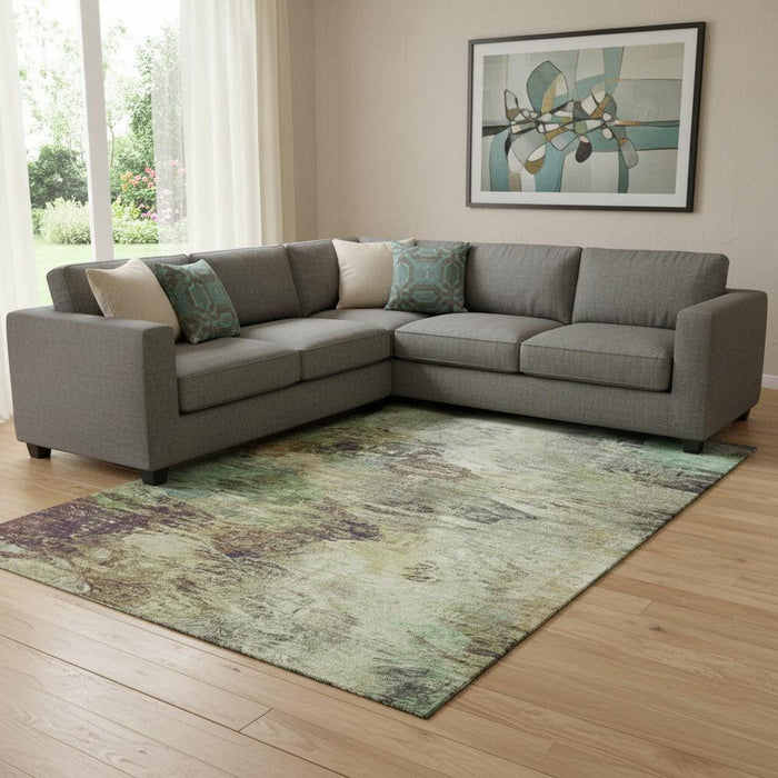 8' X 10' Abstract Washable Area Rug With UV Protection (650630) - Beige / Teal / Olive Green