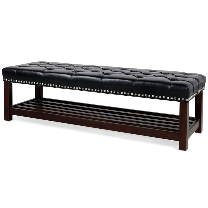 Giga upholstered bedroom end of bed bench with tufted design, nailhead trim, wooden shelf, and cushioned footstool for living room use