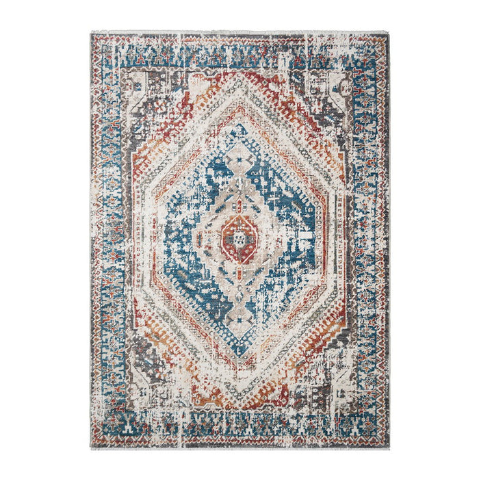 9' x 13' Geometric Distressed Area Rug With Fringe - Teal Taupe And Rust