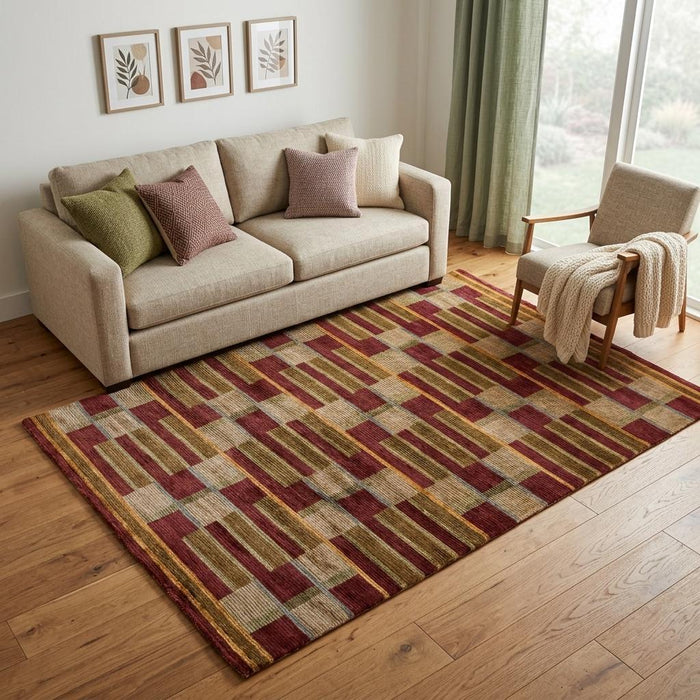 5' X 8' Striped Hand Knotted Area Rug (744174) - Gold / Green / Red