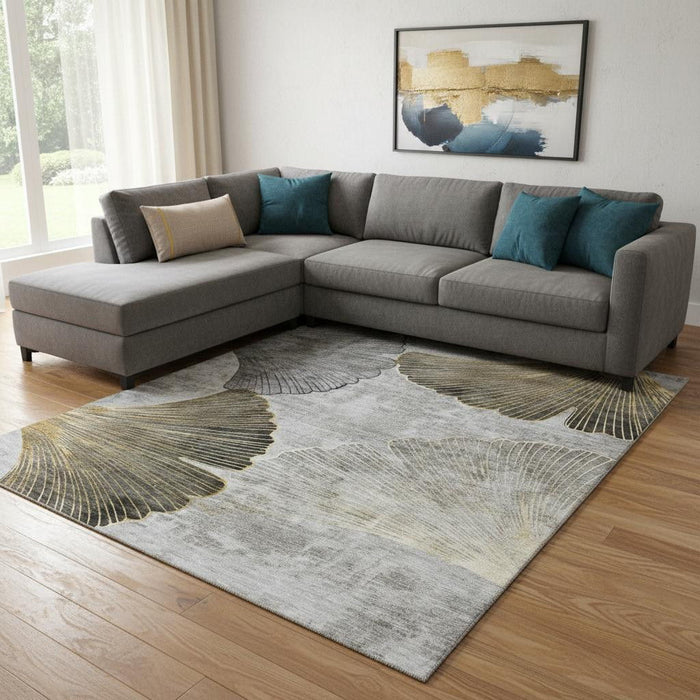 10' X 14' Floral Washable Area Rug With UV Protection (652767) - Gray / Gold / Ivory