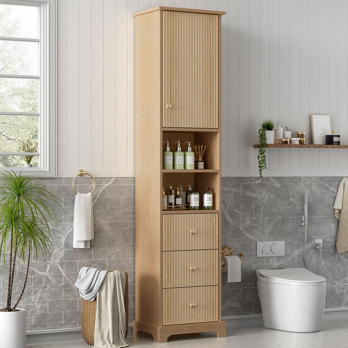 Giga tall bathroom linen cabinet with one door, three drawers, and open storage in wood finish.