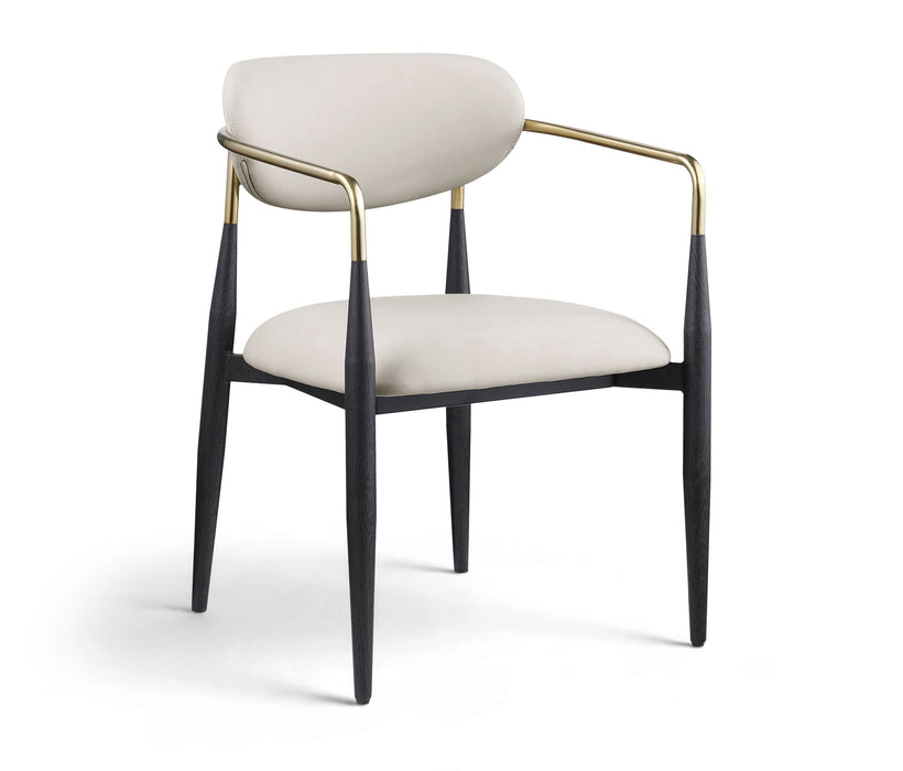 Black-legged Ronda vegan leather upholstered dining arm chair by Meridian Furniture with cushioned seat and backrest.