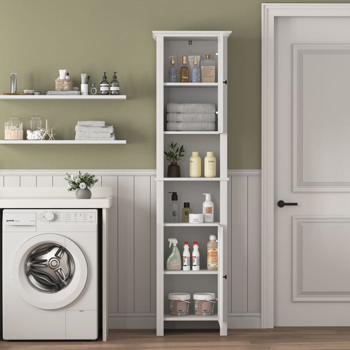 Giga wooden bathroom linen cabinet with white finish, two doors, and six shelves for storage.