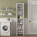 Giga wooden bathroom linen cabinet with white finish, two doors, and six shelves for storage.