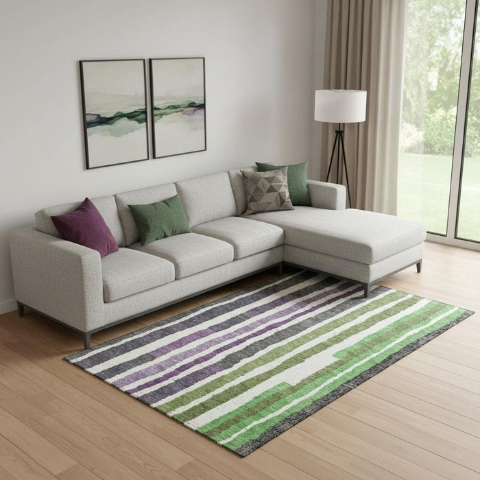 10' X 14' Striped Washable Area Rug With UV Protection (709498) - Gray / Purple / Green