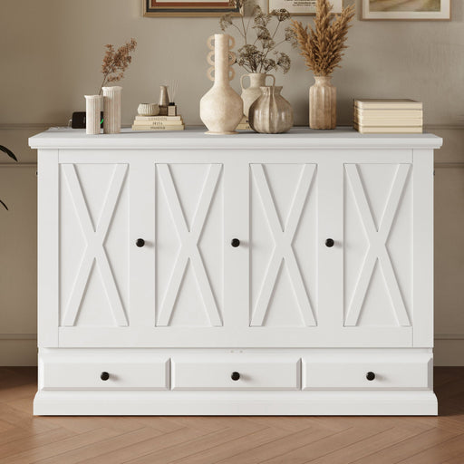 Giga solid pine Murphy bed chest cube cabinet with charging station and large storage drawer for home or small room.