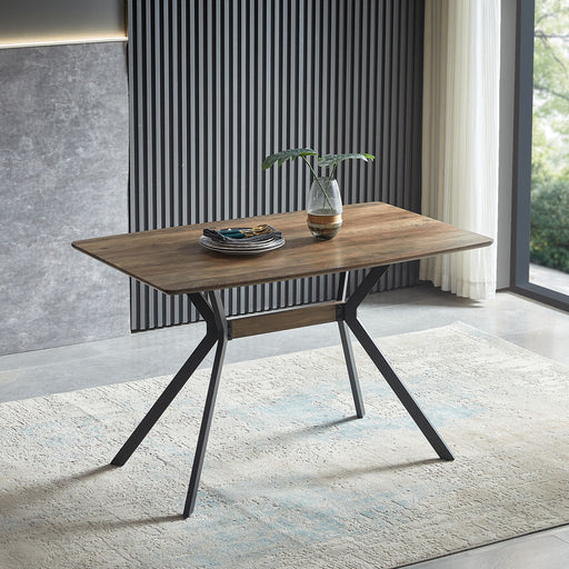 Modern Giga dining table with walnut MDF top, black metal legs, metal shelf, and leveling feet, ideal for dining room or kitchen.