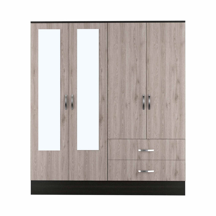 Four Door Wardrobe Closet With Mirrors - Light Oak / Black