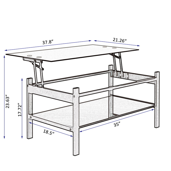 Modern black glass lift top coffee table by Giga with a two-layer design for living room use, featuring tempered glass surfaces.