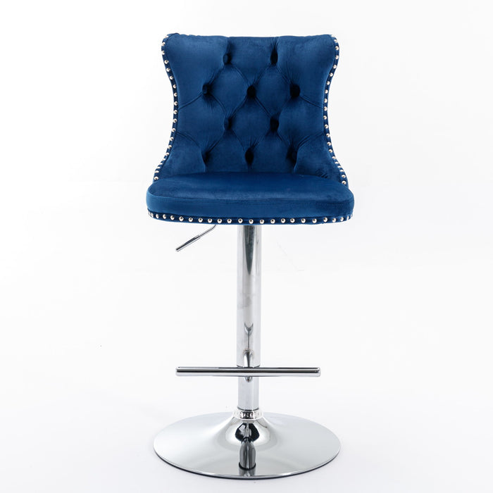 Set of two Giga modern upholstered swivel barstools with tufted backs, adjustable height 25-33 inches, ideal for kitchen or pub.
