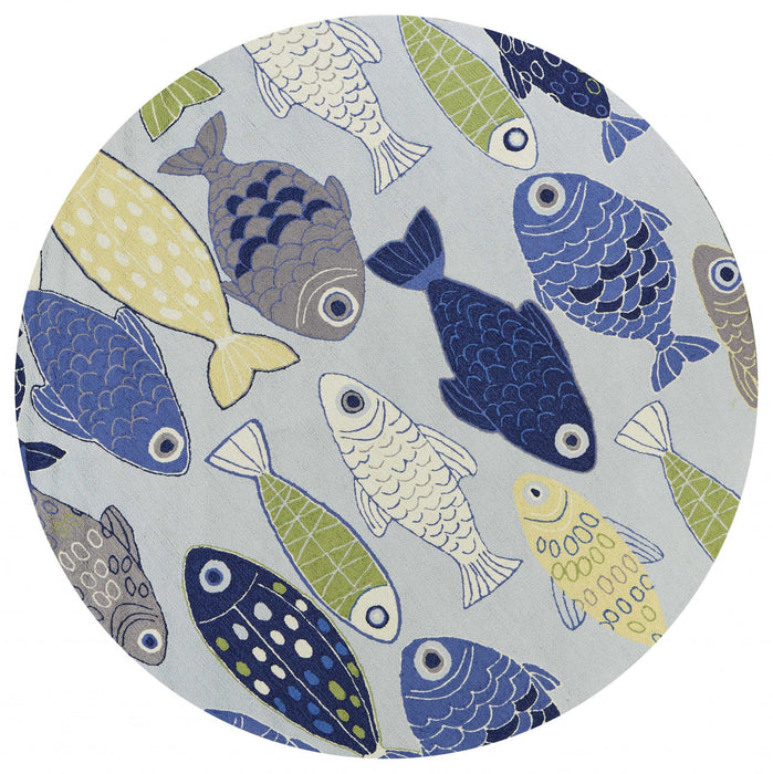 7' Round School Of Fish Indoor Area Rug - Light Blue