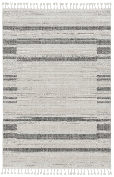 HomeRoots 9' x 13' machine woven abstract color block indoor area rug in ivory and gray with modern geometric design.