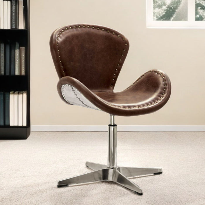 Faux Leather Distressed Swivel Arm Chair - Brown And Silver