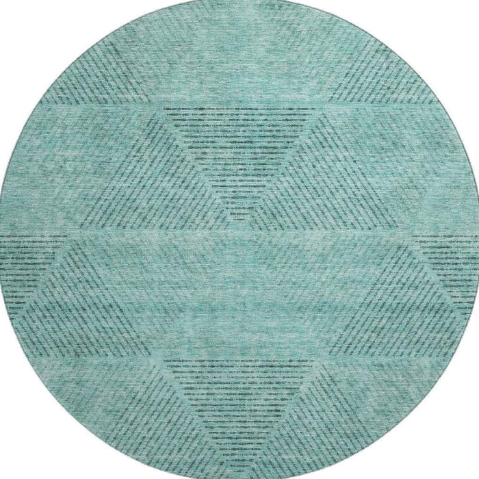 8' Geometric Washable Round Rug With UV Protection - Teal And Gray
