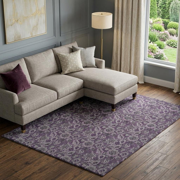 10' X 14' Floral Washable Area Rug With UV Protection (655054) - Eggplant / Gray