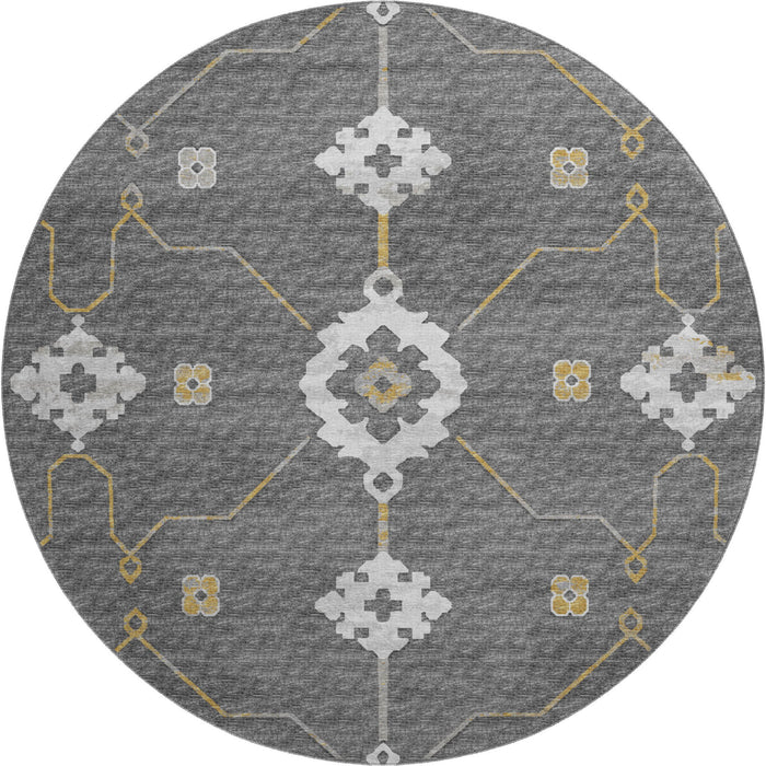 8' Transitional Floral Medallion Washable Round Rug With UV Protection - Gray
