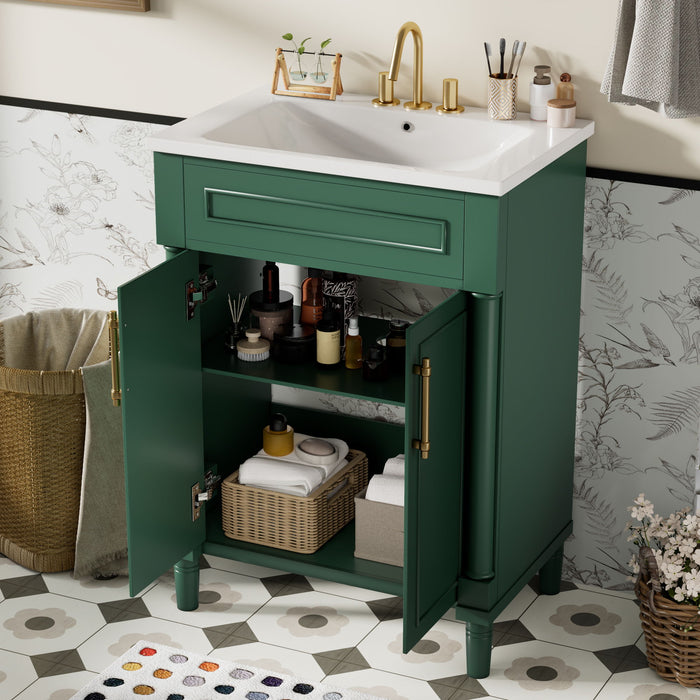 Giga bathroom vanity with integrated sink, two-door cabinet, ideal for small to medium bathrooms, featuring modern design.