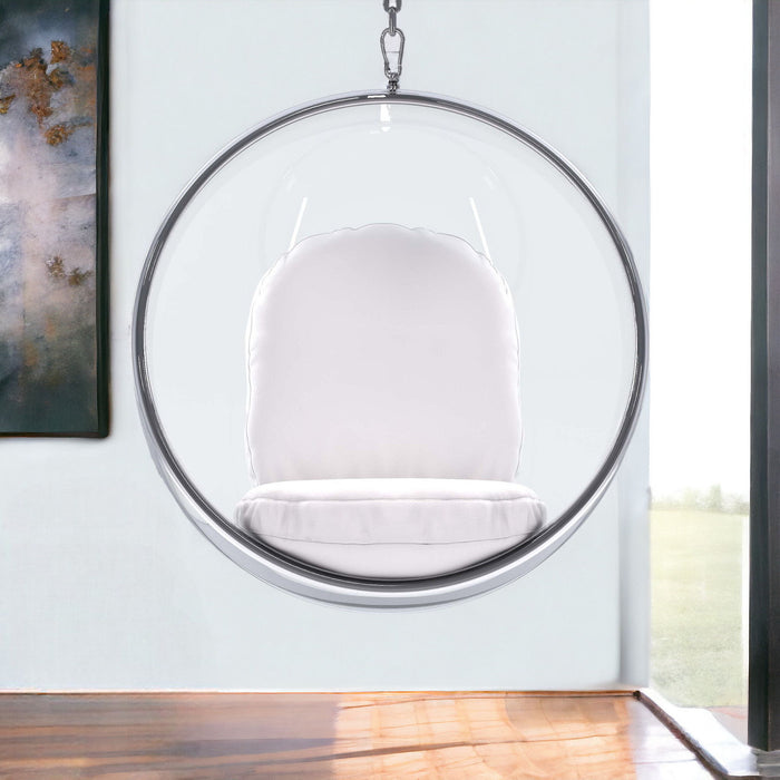 Acrylic And Faux Leather Hanging Balloon Chair - White And Silver